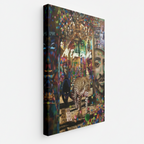 Colorful abstract art piece with text and imagery on a white background