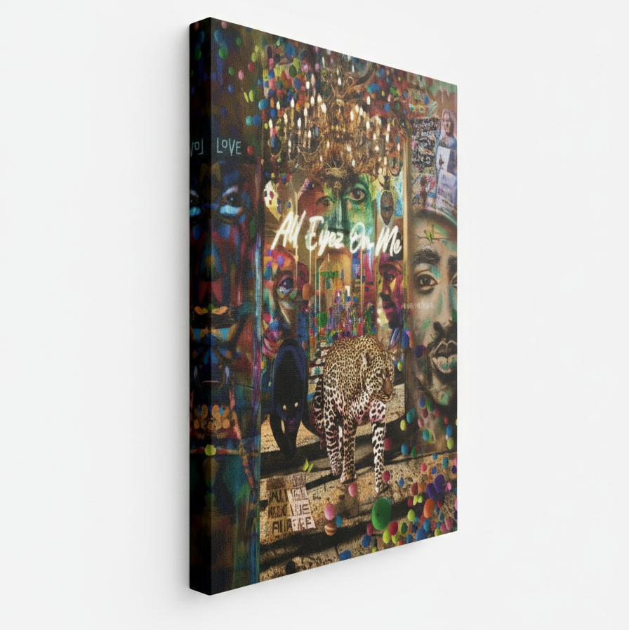Colorful abstract art piece with text and imagery on a white background
