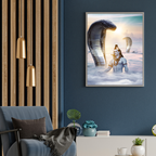 Living room with a blue armchair, gold pendant lights, and a framed artwork of a snake and shiv ji on a wall.