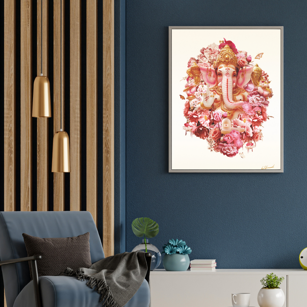 Living room with a blue armchair, gold pendant lights, and a framed artwork of Lord Ganesh Ji on a navy wall.