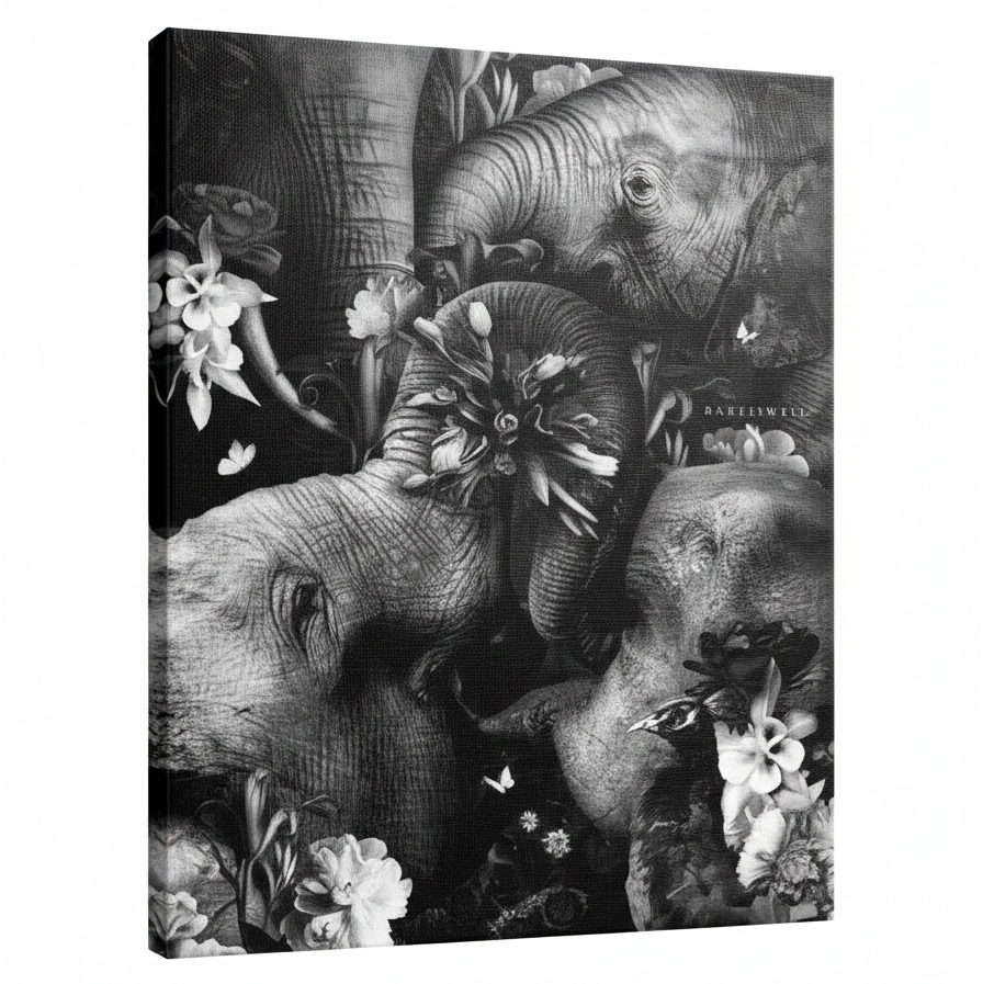 Canvas print with black and white elephants and flowers on a white background