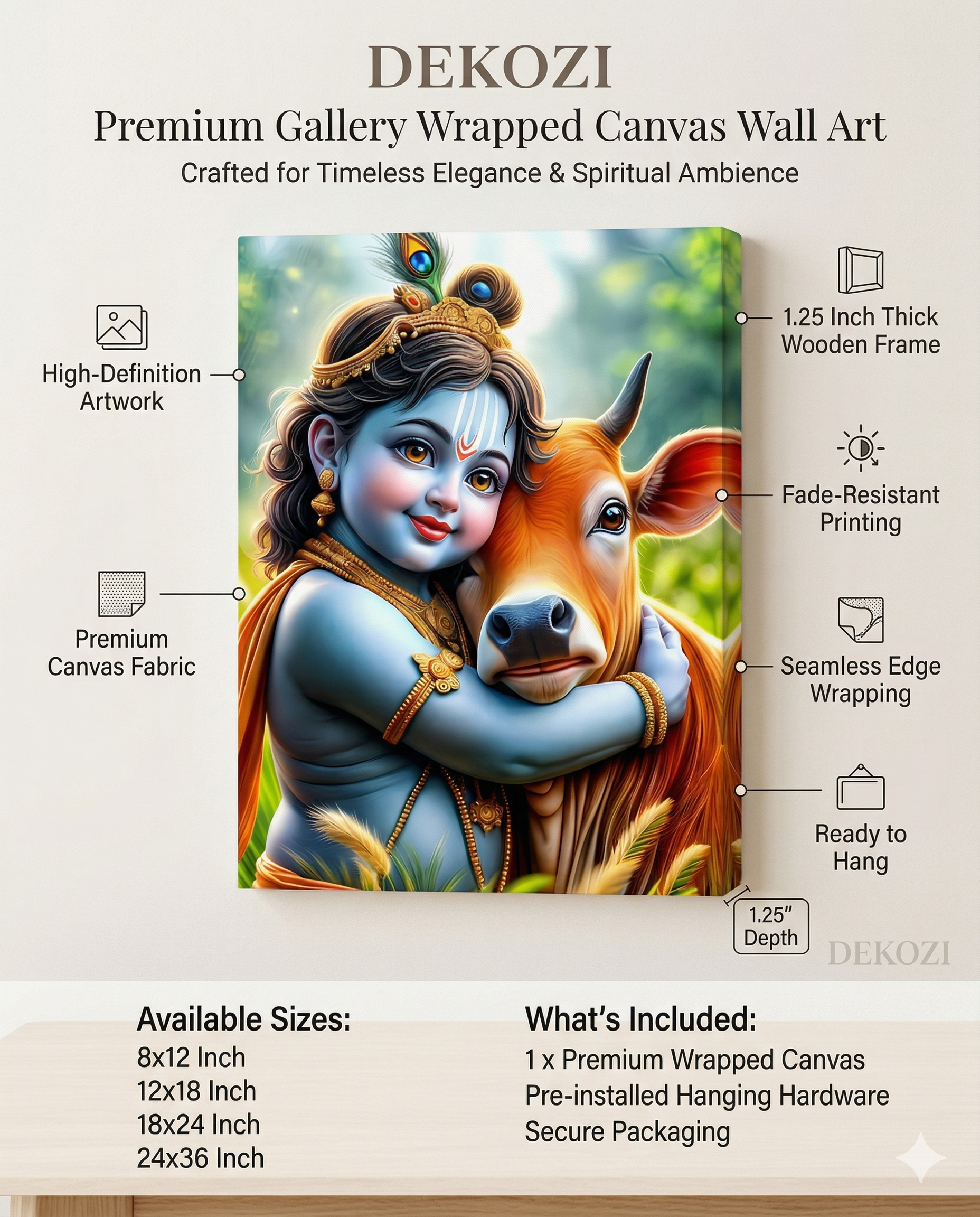 Dekozi Krishna Wall Art – Divine Portrait | Framed Canvas & Photo Print for Spiritual Home & Office Decor
