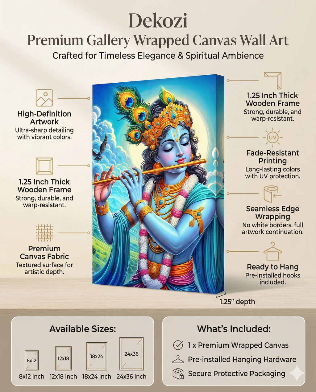 Dekozi Krishna Wall Art – Divine Portrait | Framed Canvas & Photo Print for Spiritual Home & Office Decor