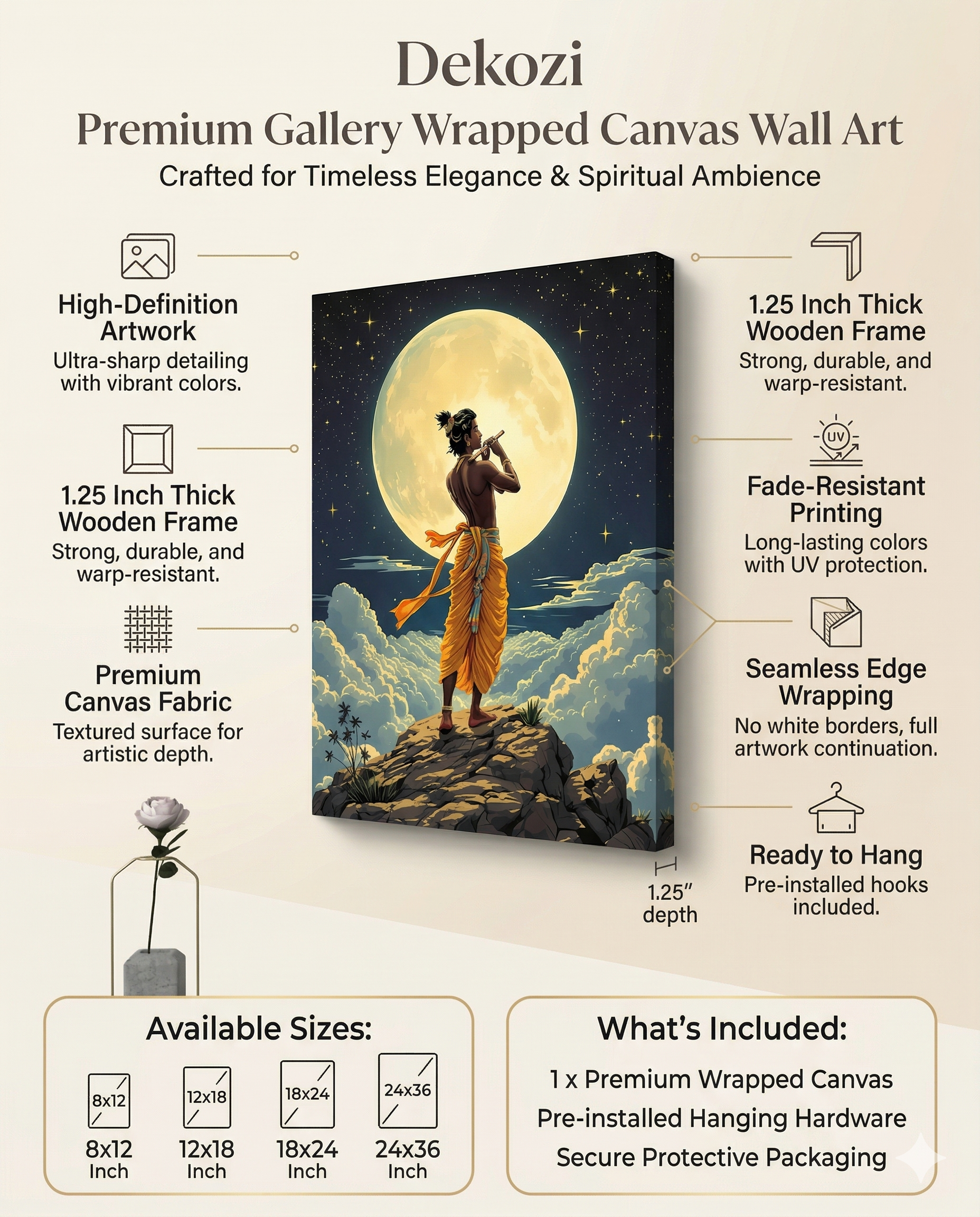 Dekozi Krishna Wall Art – Divine Portrait | Framed Canvas & Photo Print for Spiritual Home & Office Decor