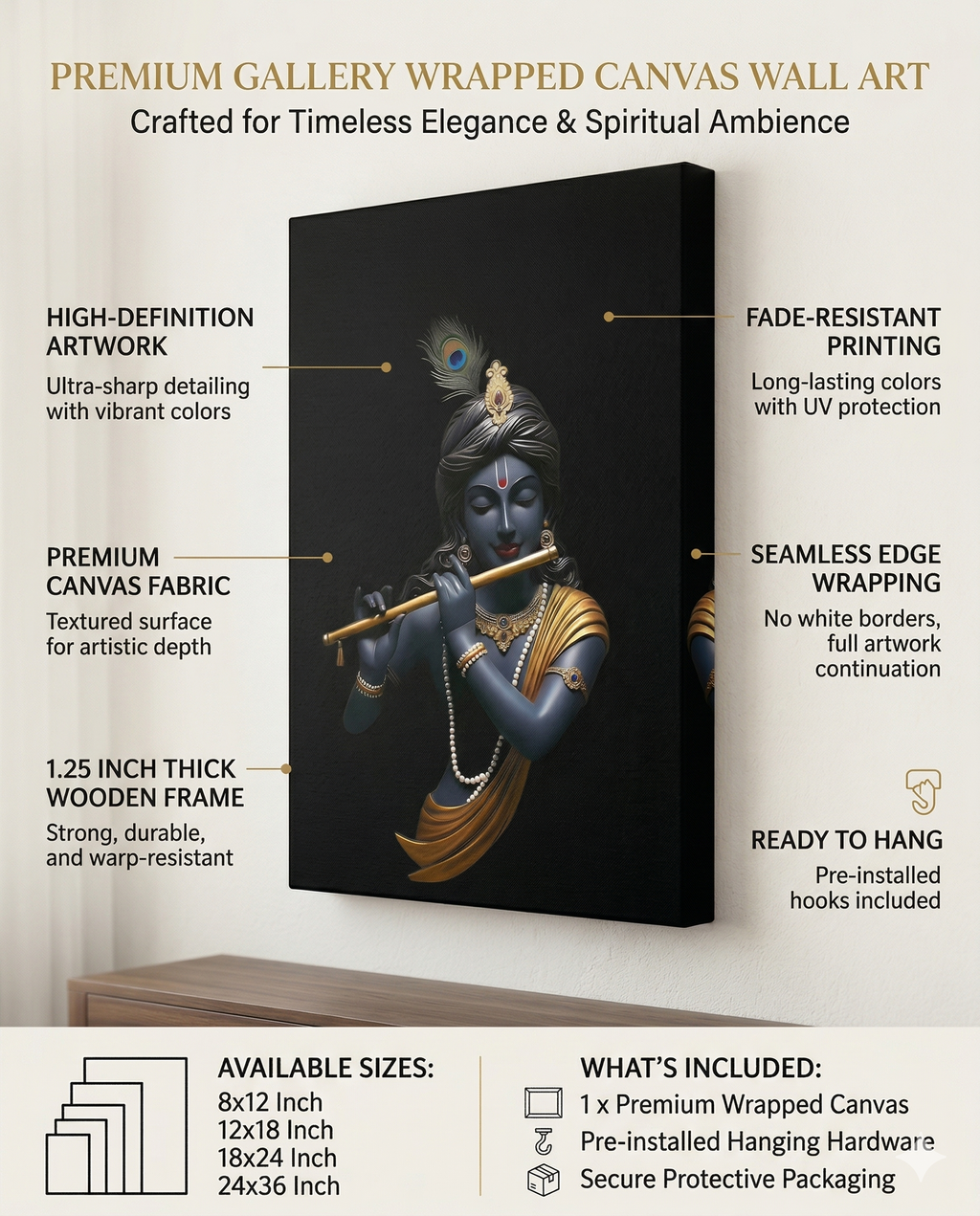 Dekozi Krishna Wall Art – Divine Portrait | Framed Canvas & Photo Print for Spiritual Home & Office Decor