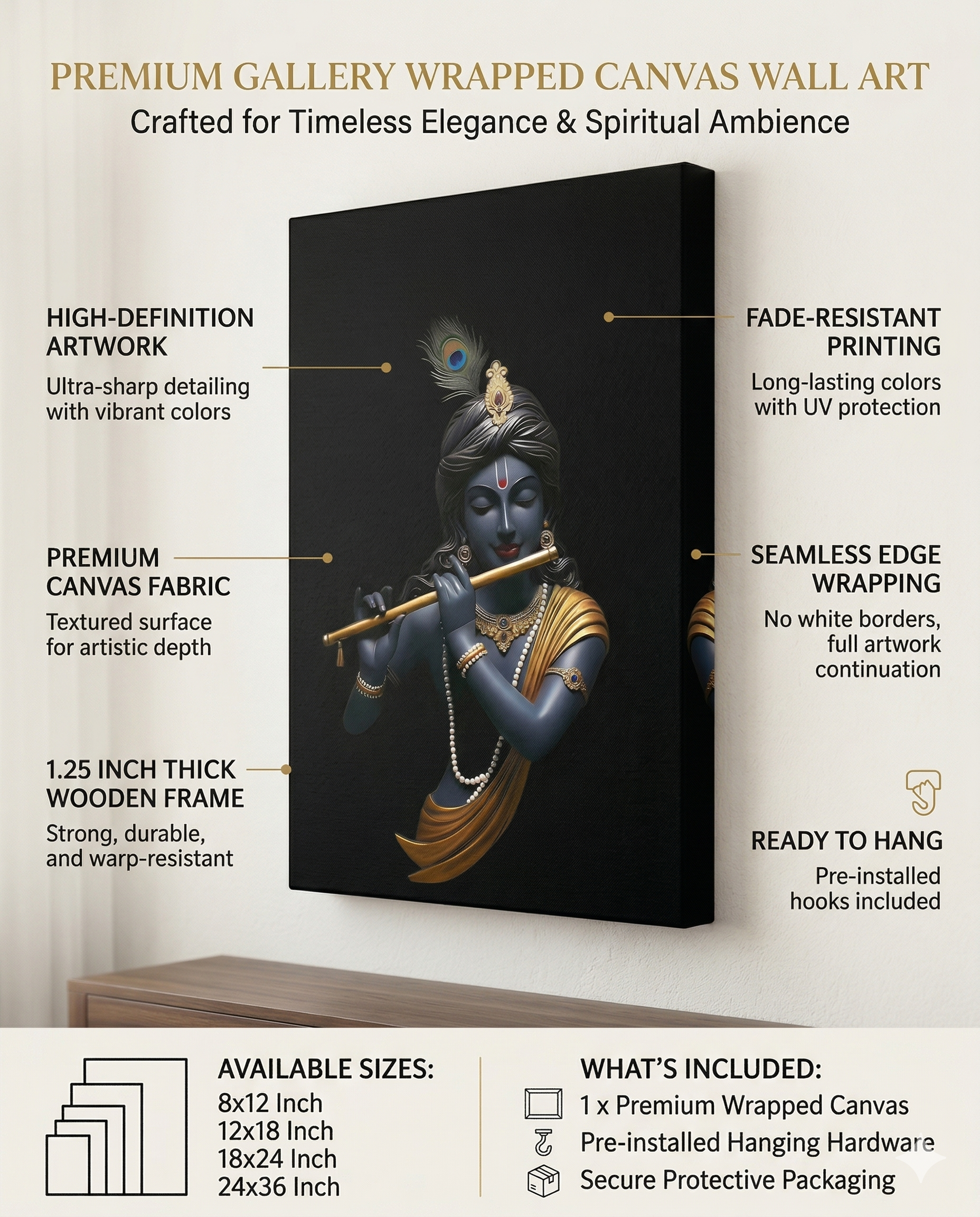Dekozi Krishna Wall Art – Divine Portrait | Framed Canvas & Photo Print for Spiritual Home & Office Decor