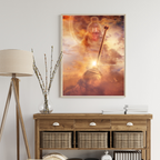 Framed artwork of lord hanuman above a wooden console table with decorative items.
