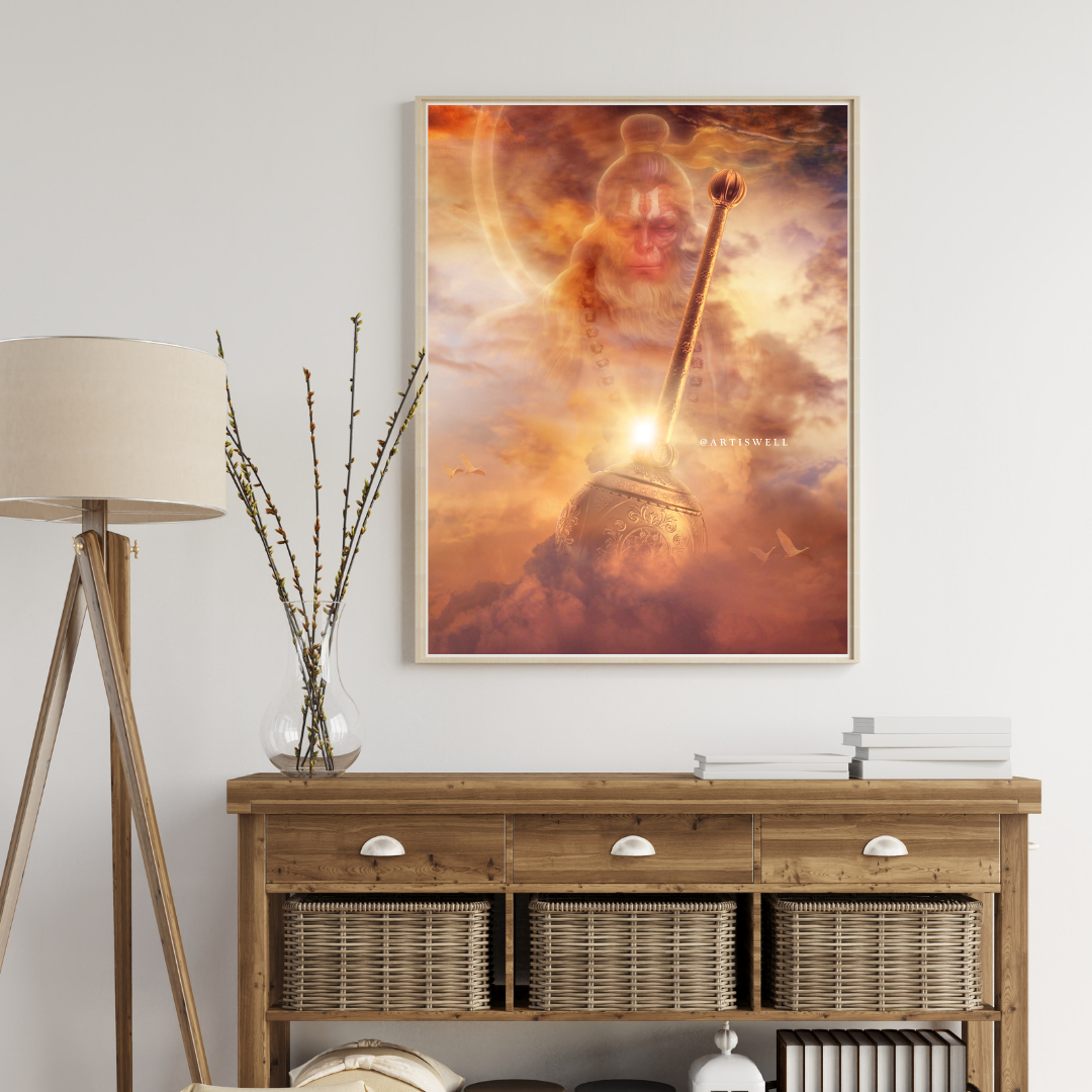 Framed artwork of lord hanuman above a wooden console table with decorative items.