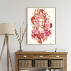 Decorative interior of lord shiv ji with a wooden console table, lamp, and floral art on the wall.