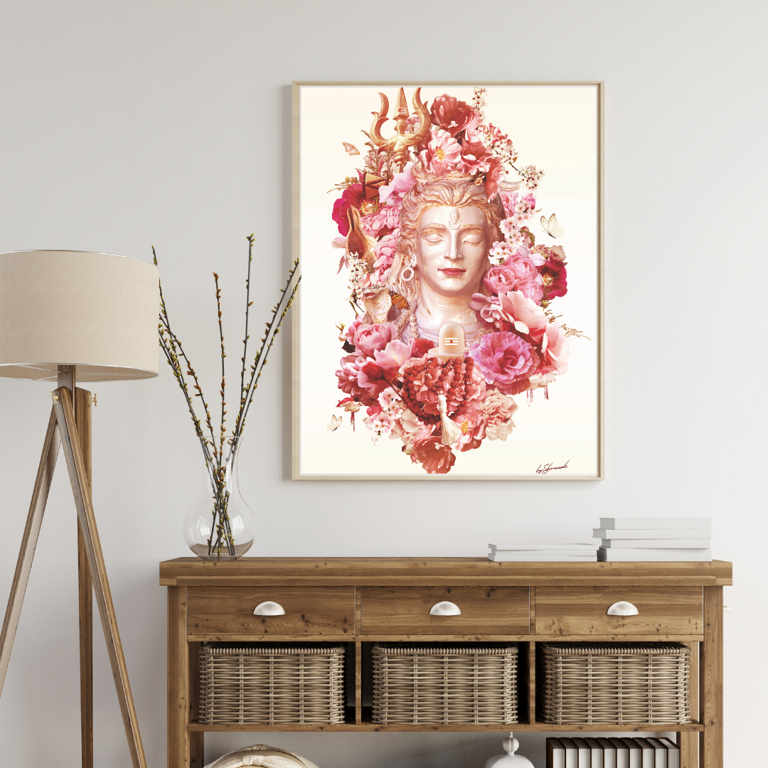 Decorative interior of lord shiv ji with a wooden console table, lamp, and floral art on the wall.