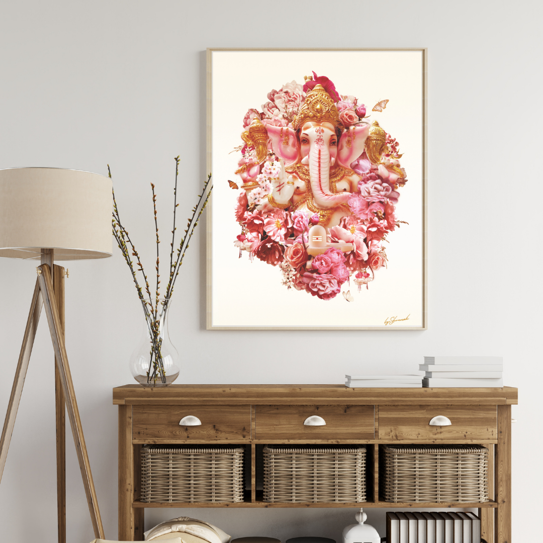 Decorative wall art of Ganesh Ji surrounded by flowers in a living room setting.