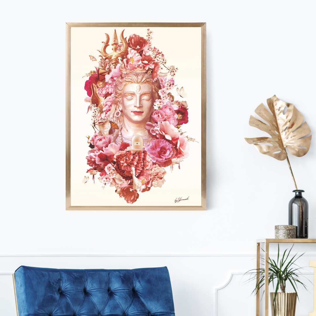 Framed artwork of lord shiv ji surrounded by flowers above a blue chair in a room.
