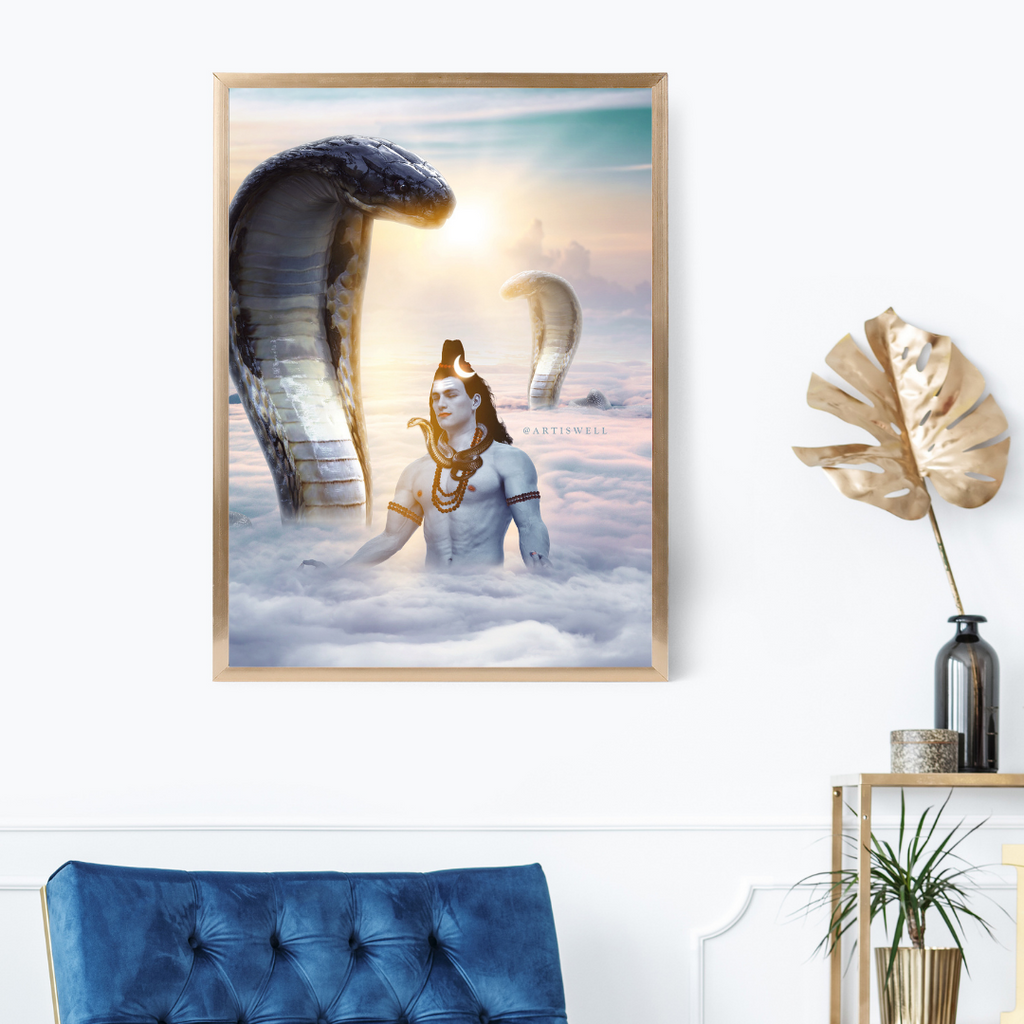 Framed artwork of a snake and shiv on a wall above a blue chair.
