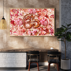 Decorative wall art with floral design and 'Om' symbol in a modern interior setting.