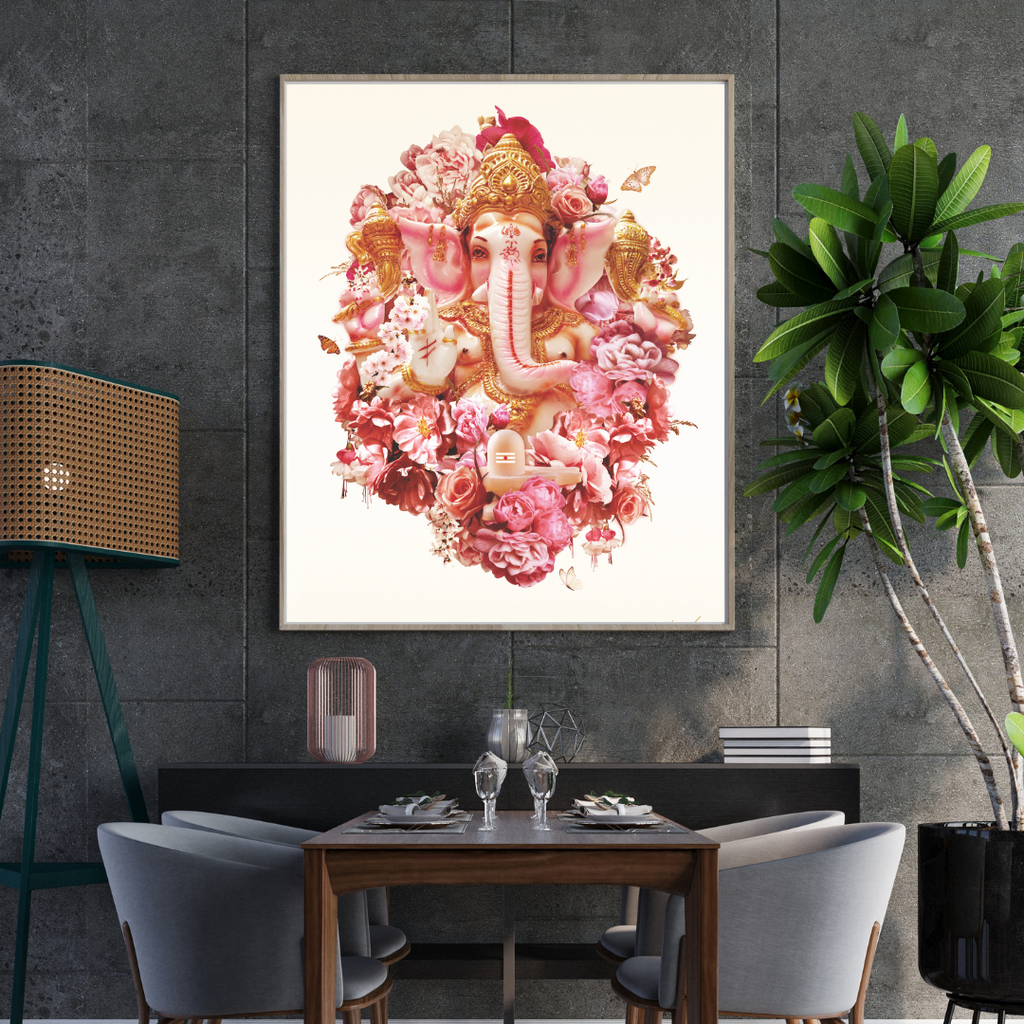 Dining room with a framed artwork of ganesh ji surrounded by flowers on the wall.