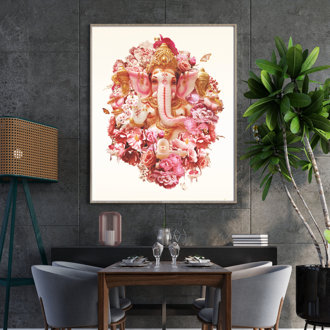 Dining room with a framed artwork of ganesh ji surrounded by flowers on the wall.