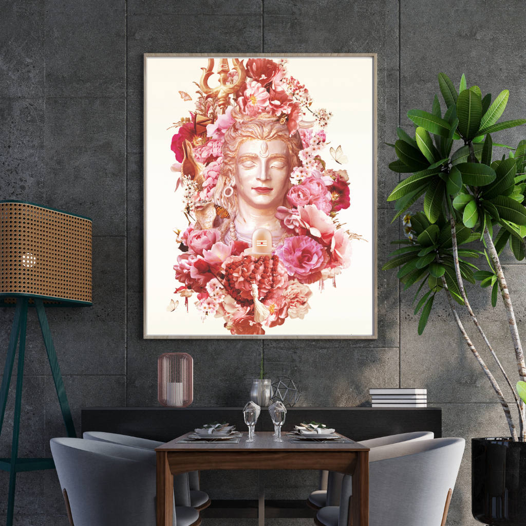 Dining room with a framed artwork of shiv ji surrounded by flowers on the wall.