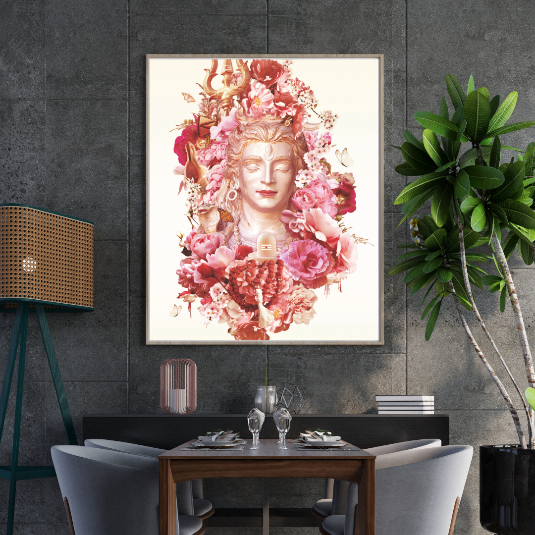 Dining room with a framed artwork of shiv ji surrounded by flowers on the wall.