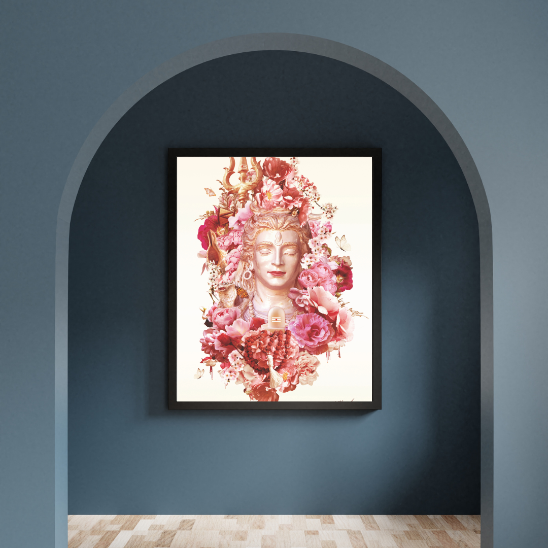 Framed artwork of a lord Shiva surrounded by flowers on a blue wall.
