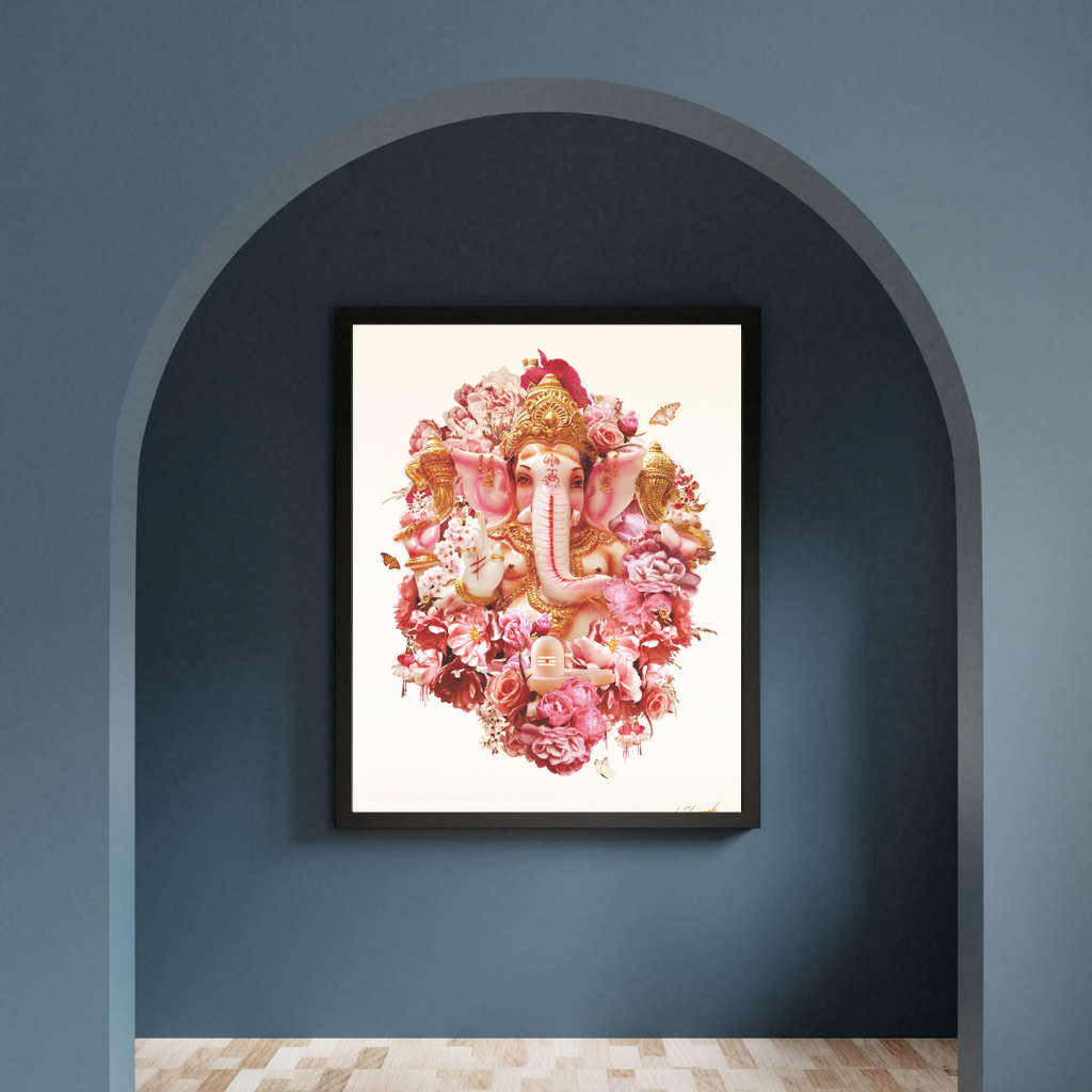 Framed artwork of a floral ganesh on a blue wall with an archway.