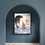 Framed artwork of a sheshnaag snake and shiv ji on a cloud against a blue wall.