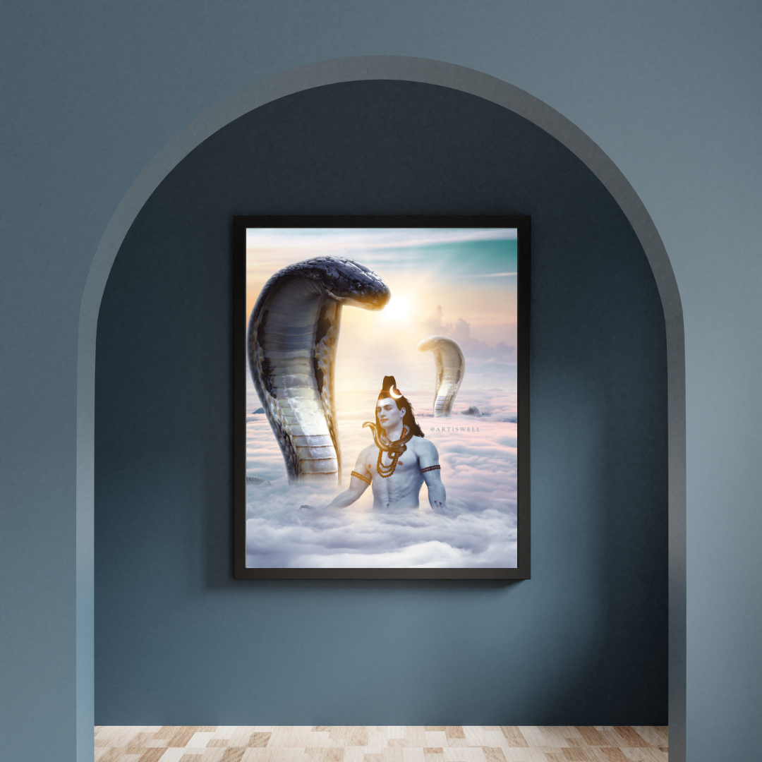 Framed artwork of a sheshnaag snake and shiv ji on a cloud against a blue wall.