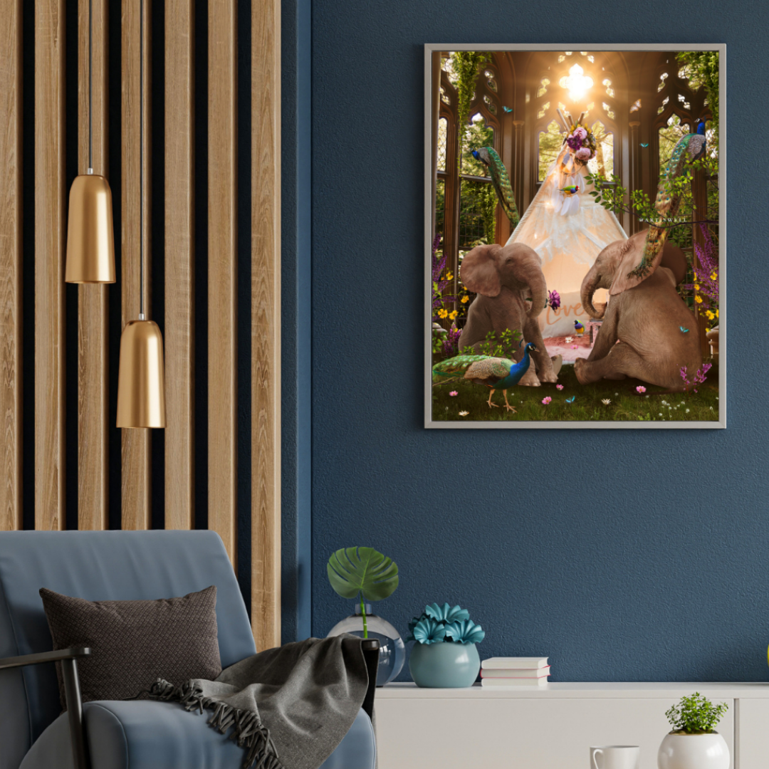 Living room with a blue armchair, decorative plants, and a framed artwork of elephants and aminals in a forest setting.