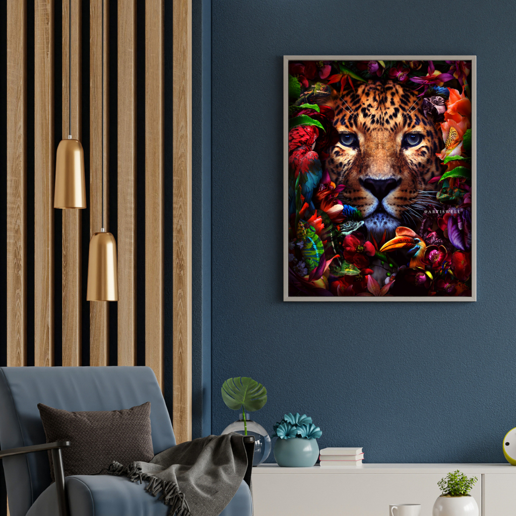 Living room with a blue armchair, coffee table, and colorful framed artwork of a leopard on a blue wall by dekozi.