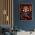 Living room with a blue armchair, coffee table, and colorful framed artwork of a leopard on a blue wall by dekozi.