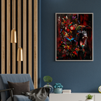 Modern living room with a colorful abstract painting of gorilla and parrots by dekozi on a blue wall, a gray armchair, and decorative elements.