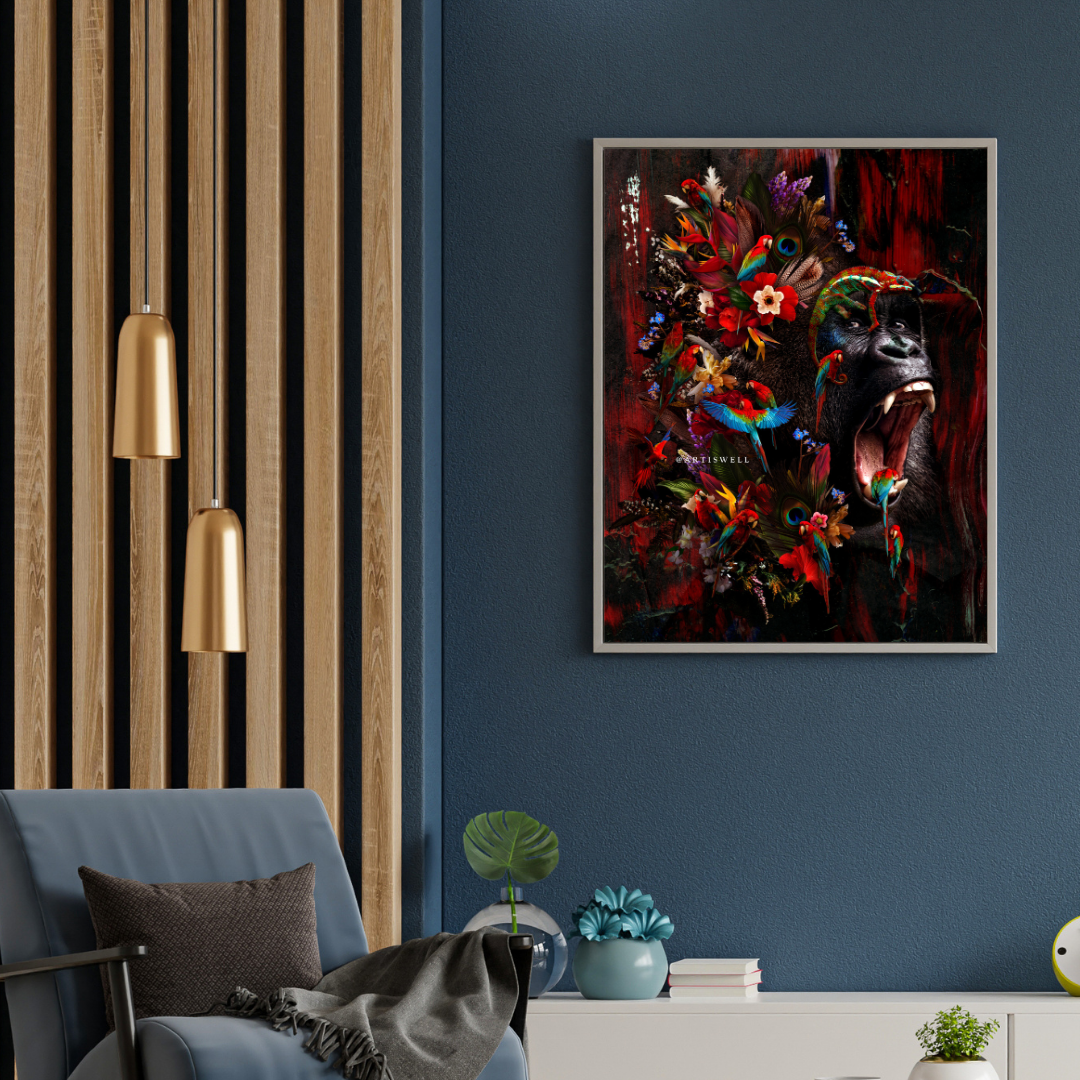 Modern living room with a colorful abstract painting of gorilla and parrots by dekozi on a blue wall, a gray armchair, and decorative elements.