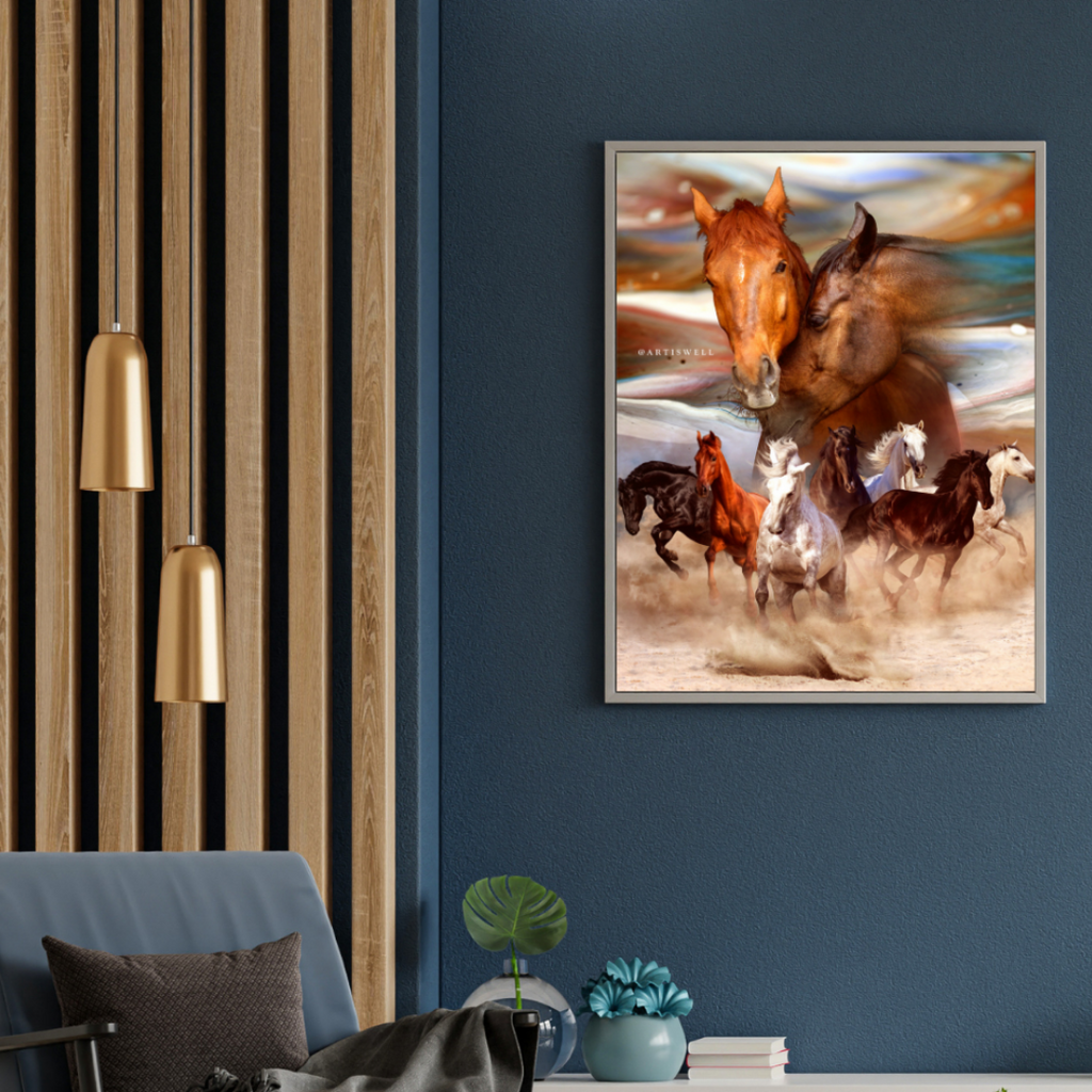Living room with a blue armchair, gold pendant lights, and a framed artwork of horses on a blue wall.