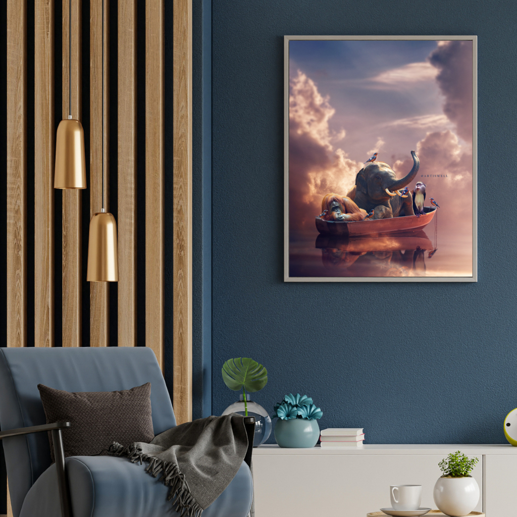 Modern living room with a blue armchair, gold pendant lights, and a framed artwork of animals and boat on a blue wall.