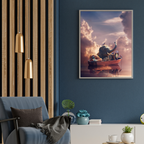 Modern living room with a blue armchair, gold pendant lights, and a framed artwork of animals and boat on a blue wall.