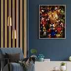 Living room with a blue armchair, decorative plant, and a colorful lion artwork by dekozi on the wall.