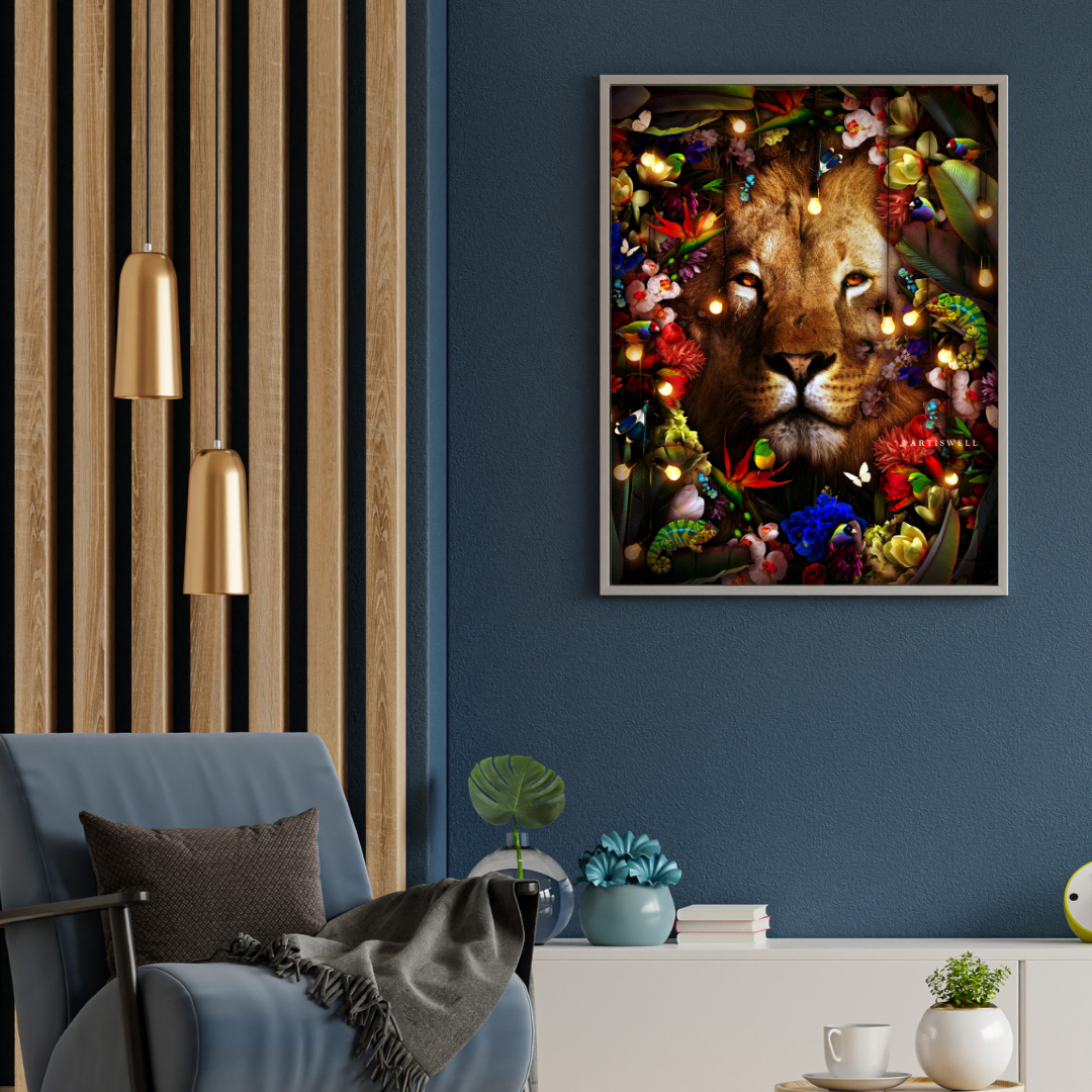 Living room with a blue armchair, decorative plant, and a colorful lion artwork by dekozi on the wall.