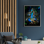 Living room with a peacock painting on the wall, blue armchair, and decorative elements by dekozi.