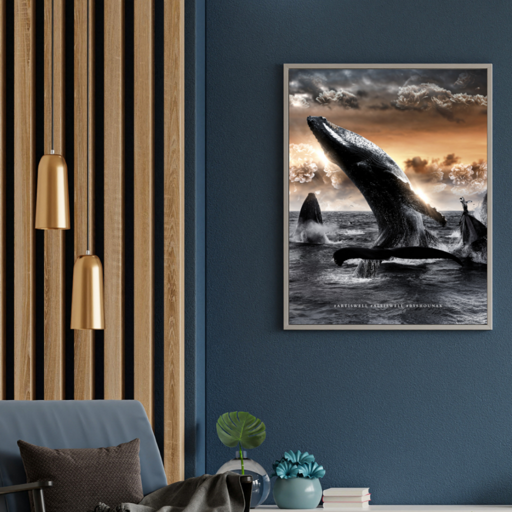 Living room with a whale painting by dekozi on the wall, blue armchair, and decorative elements.