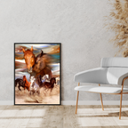 Framed artwork of running horses on a wall in a modern living room.