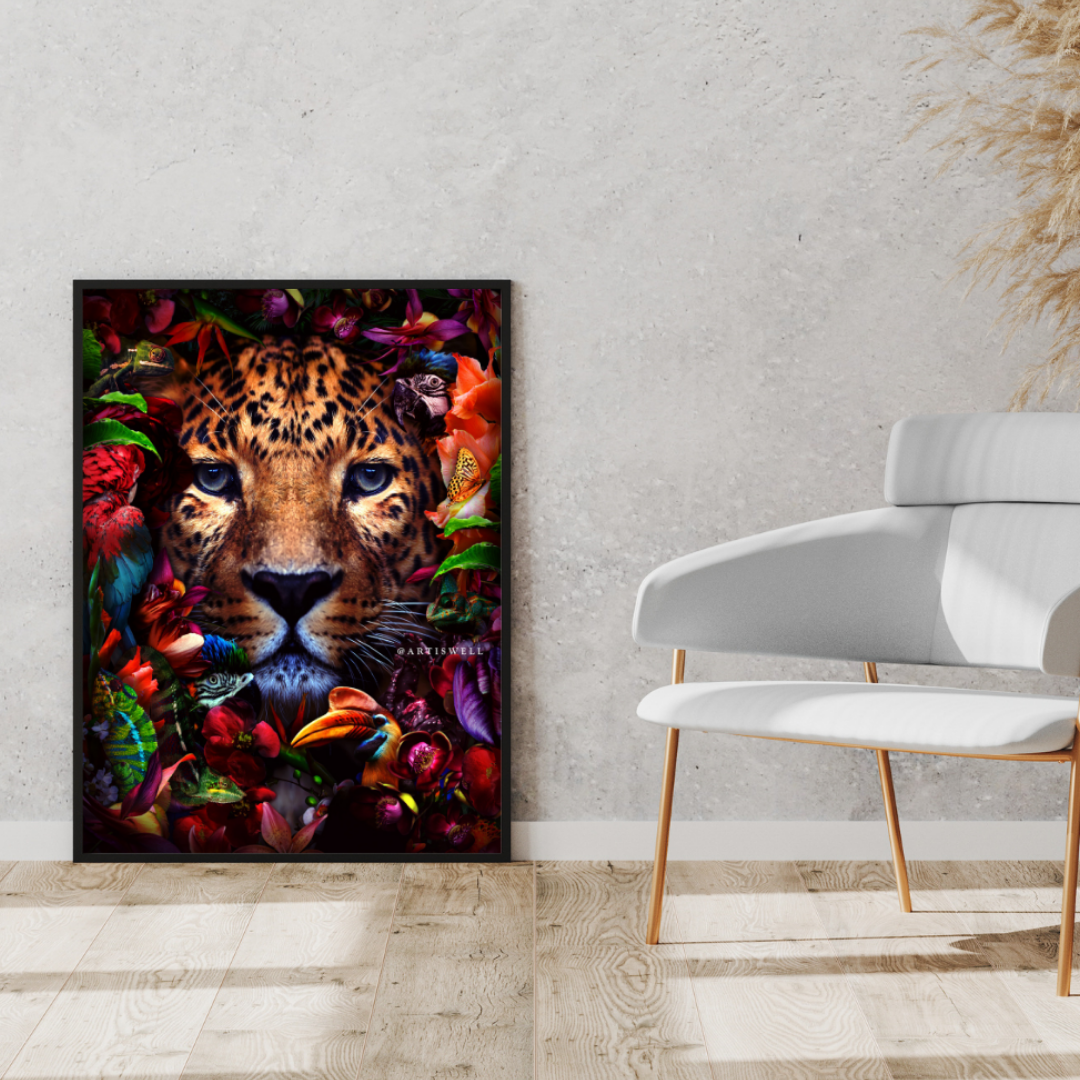 Framed artwork of a leopard's face with colorful flowers on a wall in a modern room by dekozi.