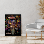 Framed poster of a cityscape with vibrant colors on a wall next to a white chair.