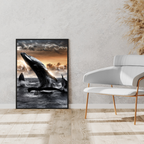 Framed artwork of a whale in a modern living room setting with a white chair and decorative plants.