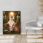Framed artwork of a couple with elephants in a forest setting on a wall beside a white chair.