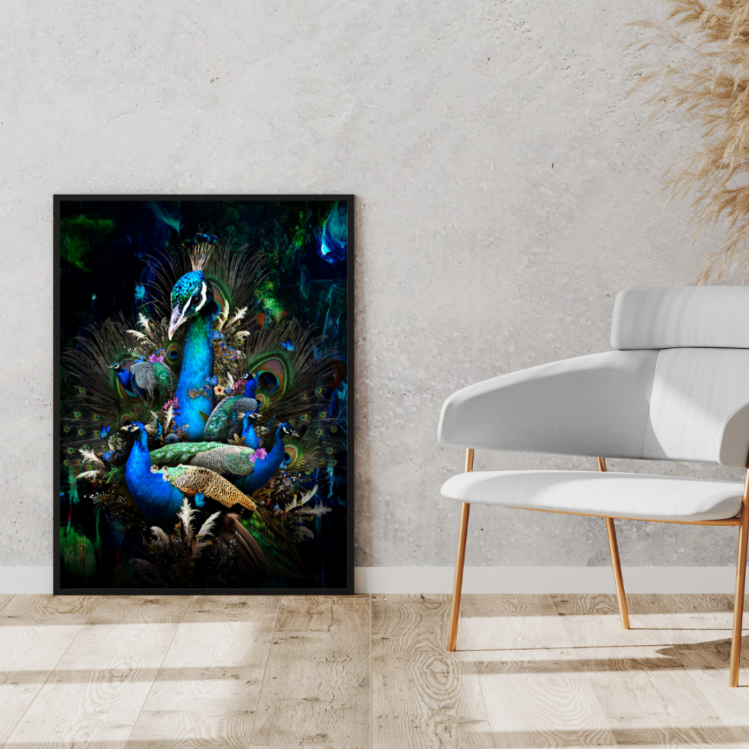 Framed artwork of peacocks on a wall in a modern interior setting