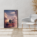 Framed artwork of an elephant in a boat with a sunset sky, placed on a wall beside a white chair.