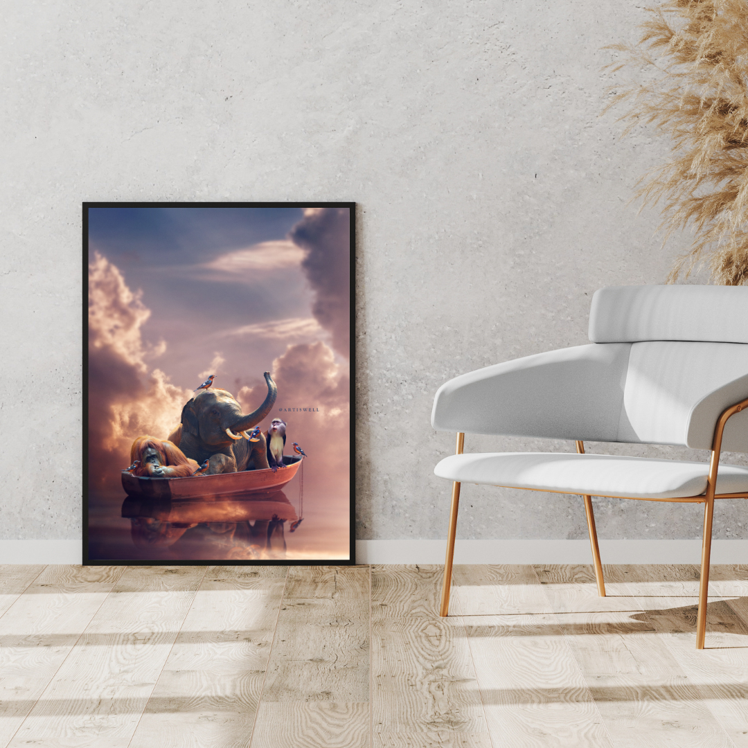Framed artwork of an elephant in a boat with a sunset sky, placed on a wall beside a white chair.