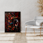 Abstract painting of gorilla and parrots by dekozi on a wall next to a modern white chair with gold legs.