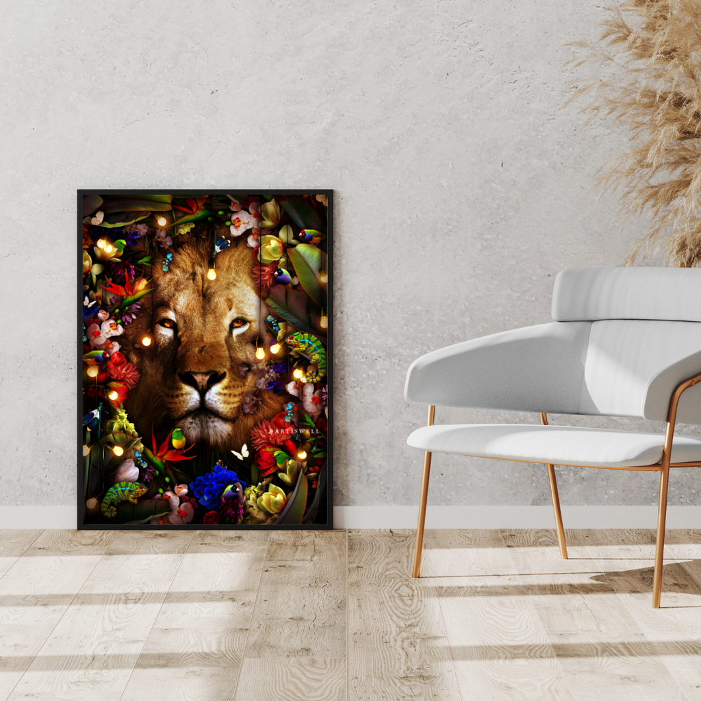Framed artwork of a lion surrounded by colorful flowers and lights on a wall above a white chair by dekozi.