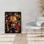 Framed artwork of a lion surrounded by colorful flowers and lights on a wall above a white chair by dekozi.