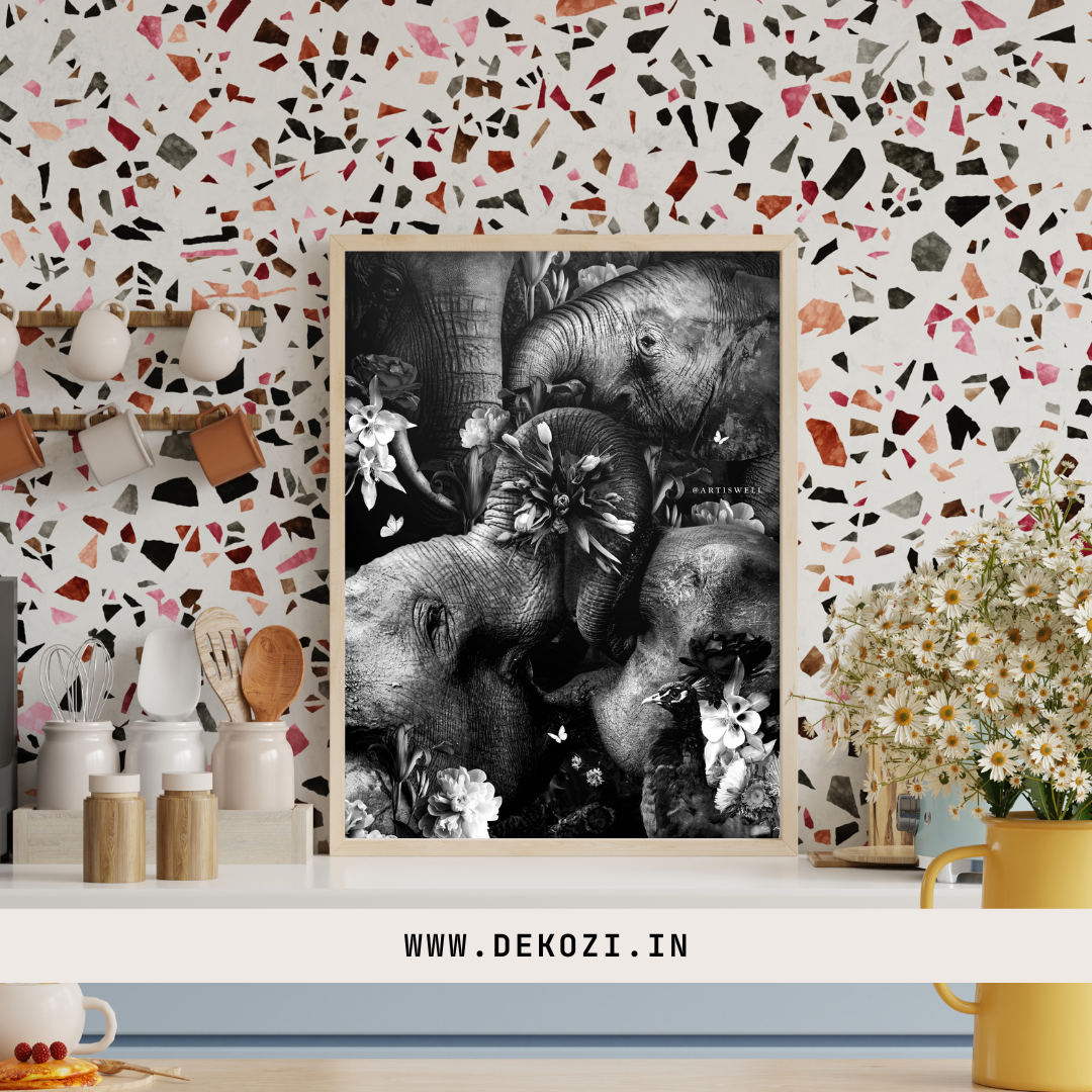 Framed black and white artwork of elephants on a decorative wall with a colorful terrazzo pattern.